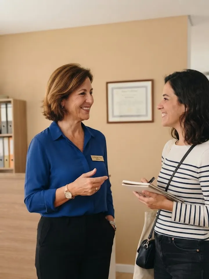 Profissional conversando com uma mãe, de pé, na recepção